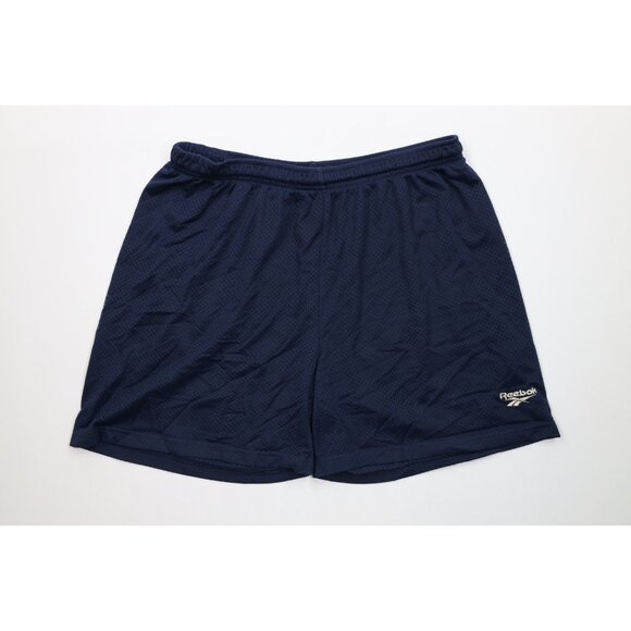 Vintage 90s Reebok Mens Large Faded Spell Out Above Knee Mesh Shorts Navy Blue - Picture 1 of 12